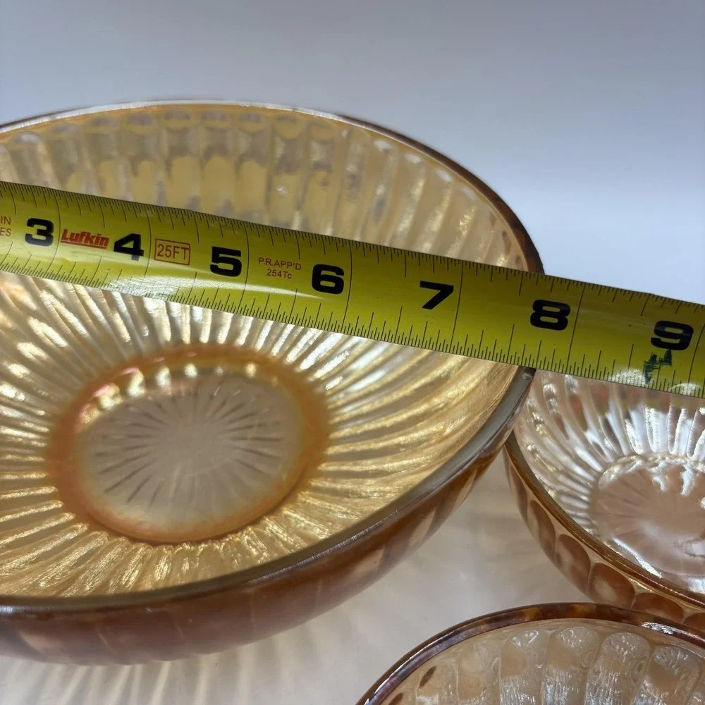 Gold Carnival Glass Salad Serving Bowl Set Ribbed‎ Art Deco 6 Piece Unmarked